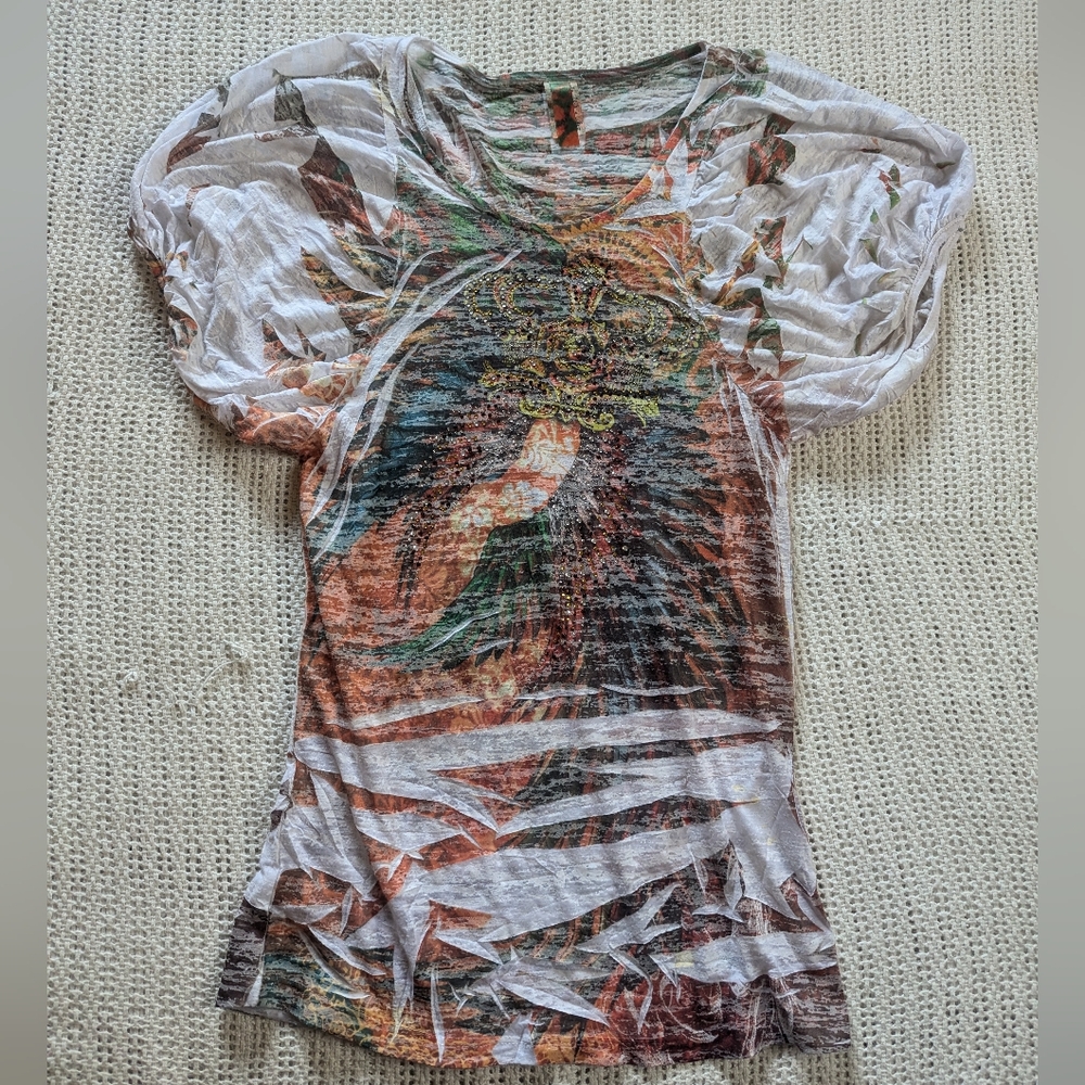 VTG 90s Y2K PATRA Top SMALL Sheer Burnout Jeweled Rhinestones Patterns USA